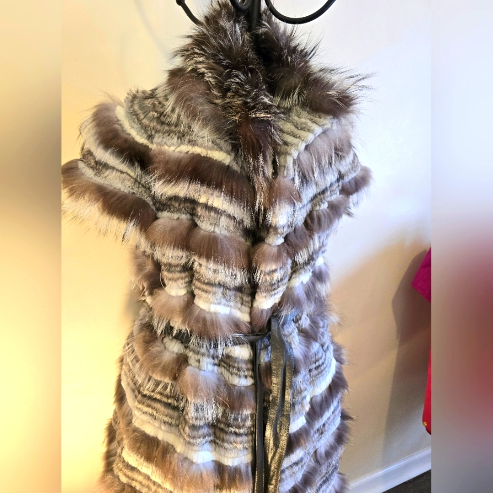100%  SILVER FUR  VEST  With Rabbit Fur trimming